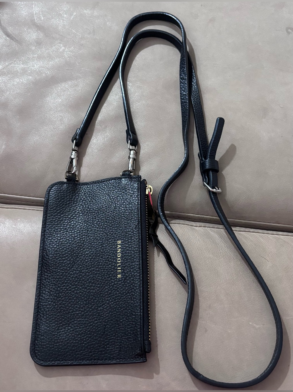 Bandolier Expanded Zip Pouch Black Pebbled Leather Crossbody Wallet With Strap